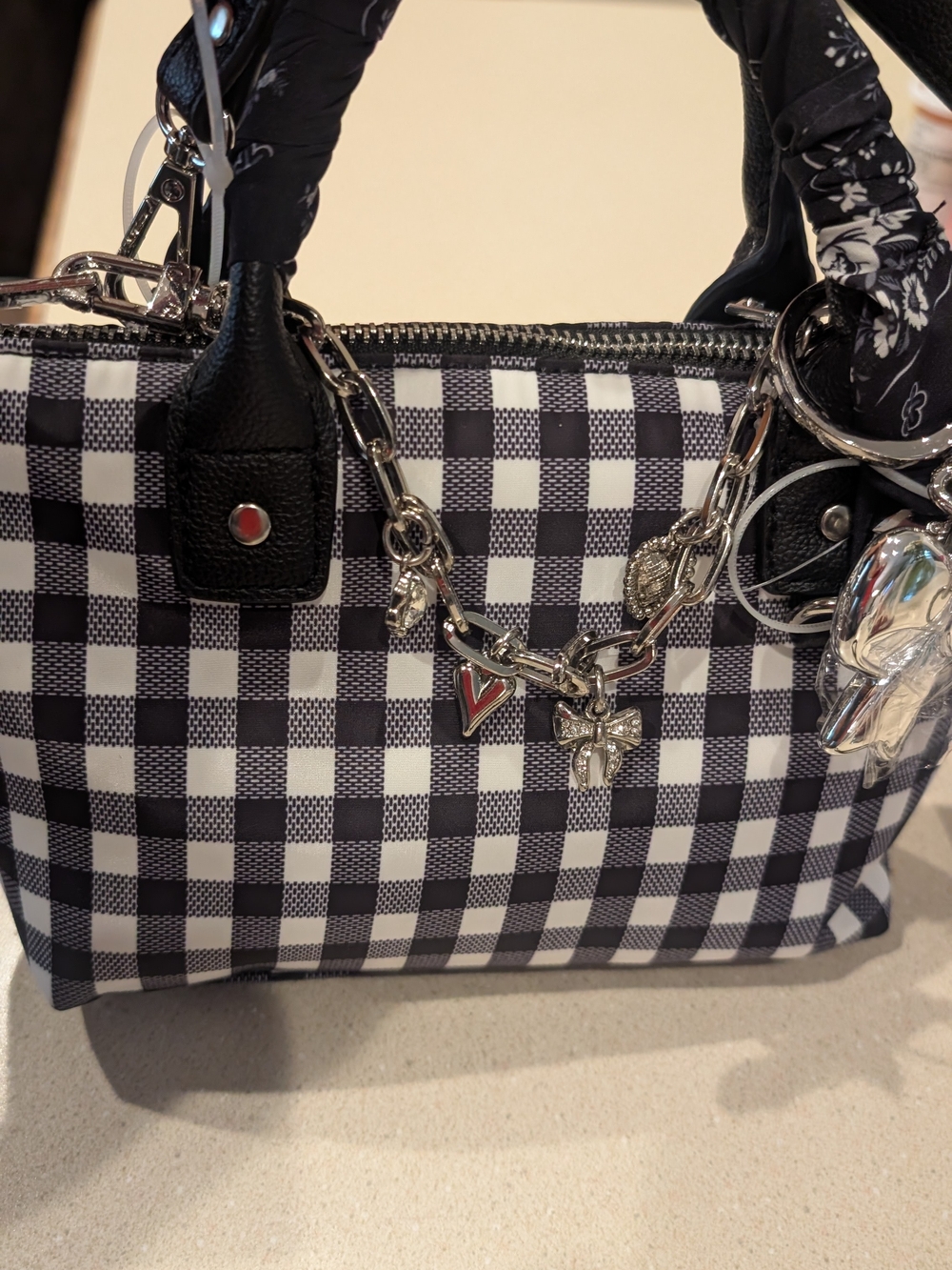 Madden Girl Checkerboard Black & White Mini Tote with Charm Accent